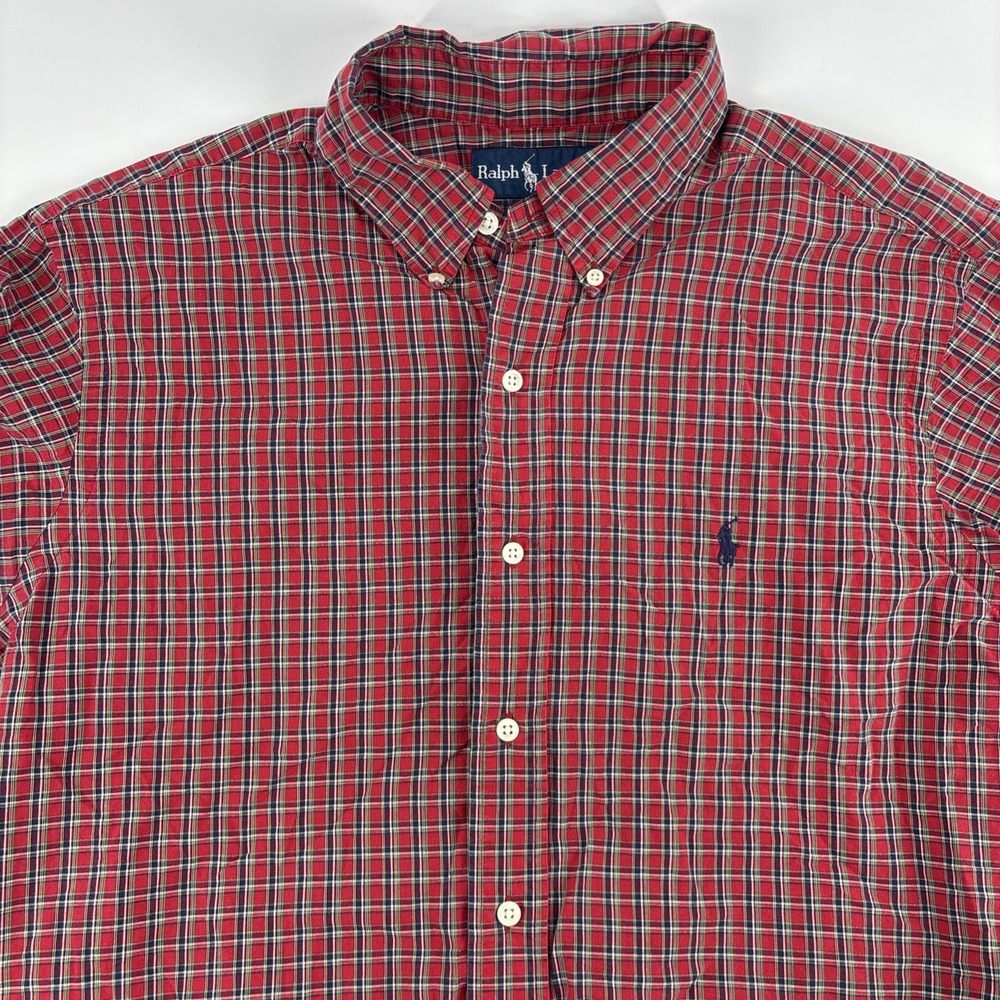 Vtg Polo Ralph Lauren  Mens Large Red Plaid 100% Two-Ply Cotton Button Down